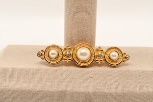 Vintage Chr. Dior Faux Pearl Rhinestone Gold Tone Bar Brooch Signed